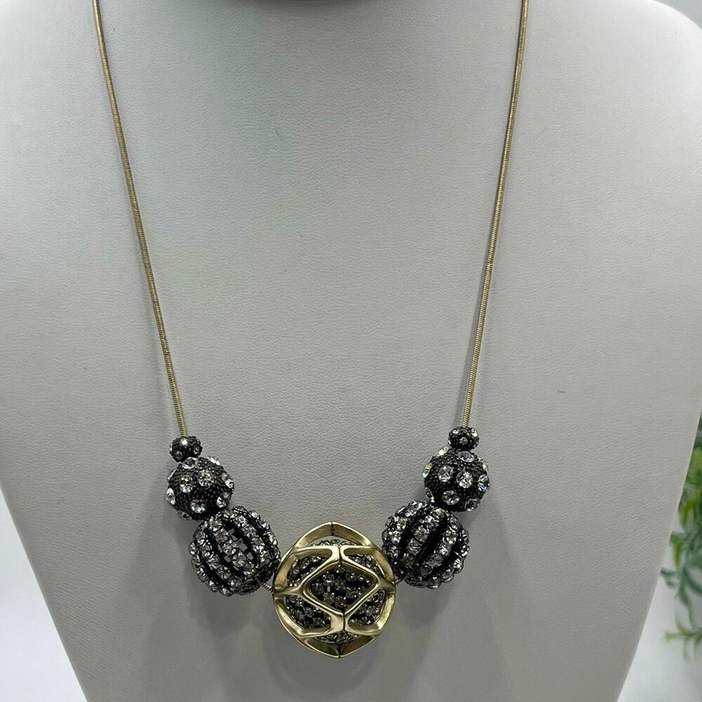 CHICO'S Julia Silver Gold Tone Rhinestone Adorned Fireballs‎ Black Ball Necklace